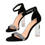 Suede Bling Sequins Pointed Open Toe Buckle Transparent Chunky High Heels Sandals