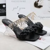 Women Pearls Jewelry Tassel Square Toe Chunky Heels Strap Slipper Sandals