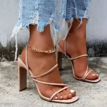 Women Solid Color Sexy Thick Strap Chunky Buckle High Heel Sandals Shoes