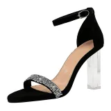 Suede Bling Sequins Pointed Open Toe Buckle Transparent Chunky High Heels Sandals