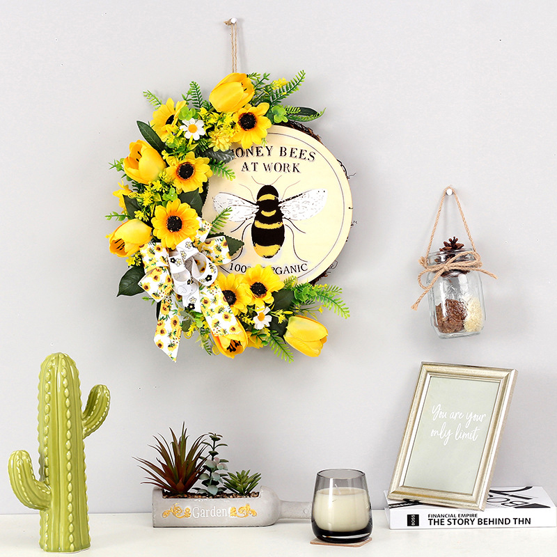 Bee Sunflower Wooden Plaque Artificial Wreath Door Decor Wall Hanging Ornament