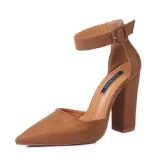 Suede Classic Pointy Toe Ankle Buckle Strap High Chunky Heel Pump Dress Shoes