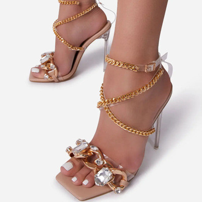 Metallic Chain Crystal Jewelry Ultra High Heel Sandals