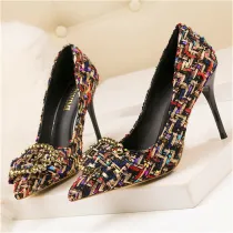Mixed Colors Woolen Women Elegant Crystal Metal Buckle High Heel Shoes