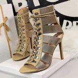 Metallic Gladiator Hollow Out Tie-up Sexy Open Toe Stiletto Heels Sandal Boot