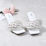 Weave Strap Square Toe Chunky Transparent Heels Slipper