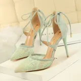Mesh Pointed Toe Stiletto Heels Slingback Anckl Tie-up Formal Shoes