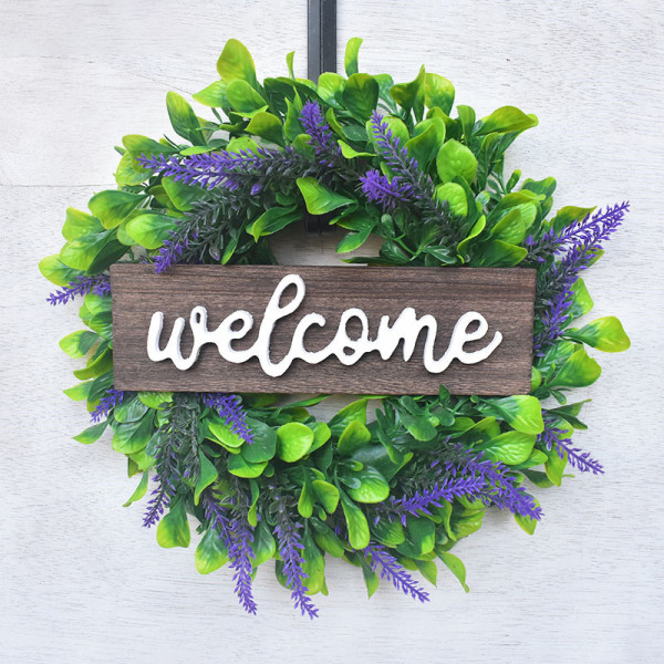 Welcome Slogan Lavender Wreath Front Door Decor Wood Hanging Ornament