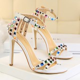 Metallic Bling Colorful Rivet Pointed Open Toe Buckle Chunky High Heels Sandals