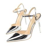 Metallic Glossy Pointed Toe Pumps Cross Button Strap High Thin Heels Sandals