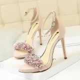 Suede Pointed Toe Pearl Strap Buckle Stilettos Heel Sandals