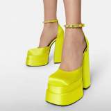 Satin Rhinestones Ankle Buckle Platform Chunky Heels Shoes