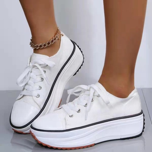 Casual White Leopard Print Thick Bottom Walking Shoes Low-cut Lace Up Canvas Sneaker