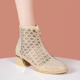 Solid Color Mesh Hollow Out Square Heel Closed Toe Flannel Shoes
