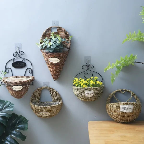 Straw Flower Basket Wall Hanging Garden Flower Pot Decoration Dried Flower Woven Basket