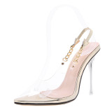 Metal Chain Transparent PVC Pointed Toe Sexy Slingback Stiletto Heels Sandals