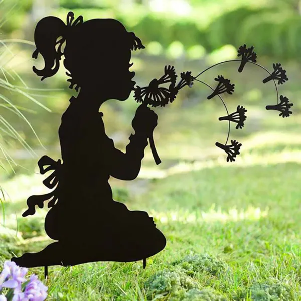 Metal Garden Decor Girl Boy Is Blowing The Dandelion Lawn Garden Stake
