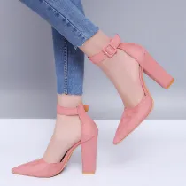 Suede Classic Pointy Toe Ankle Buckle Strap High Chunky Heel Pump Dress Shoes