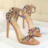 Metallic Bling Colorful Rivet Pointed Open Toe Buckle Chunky High Heels Sandals