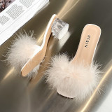 Women Feather Fur Transparent Square Heels Slipper Sandals