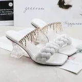 Women Pearls Jewelry Tassel Square Toe Chunky Heels Strap Slipper Sandals