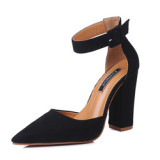 Suede Classic Pointy Toe Ankle Buckle Strap High Chunky Heel Pump Dress Shoes