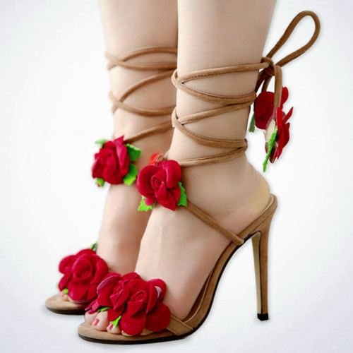 Women Red Rose Flowers Cross Lace Up High Heels Sandals
