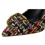 Mixed Colors Woolen Women Elegant Crystal Metal Buckle High Heel Shoes