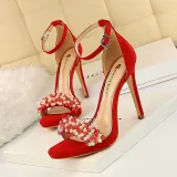 Suede Pointed Toe Pearl Strap Buckle Stilettos Heel Sandals