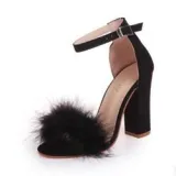 Suede Furry Buckle Open Toe Chunky Heel Sandals Shoes