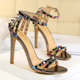 Metallic Bling Colorful Rivet Pointed Open Toe Buckle Chunky High Heels Sandals