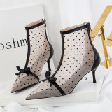Women Mesh Dots Pointed Tow Stiletto Leather Heels Boots