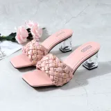 Weave Strap Square Toe Chunky Transparent Heels Slipper