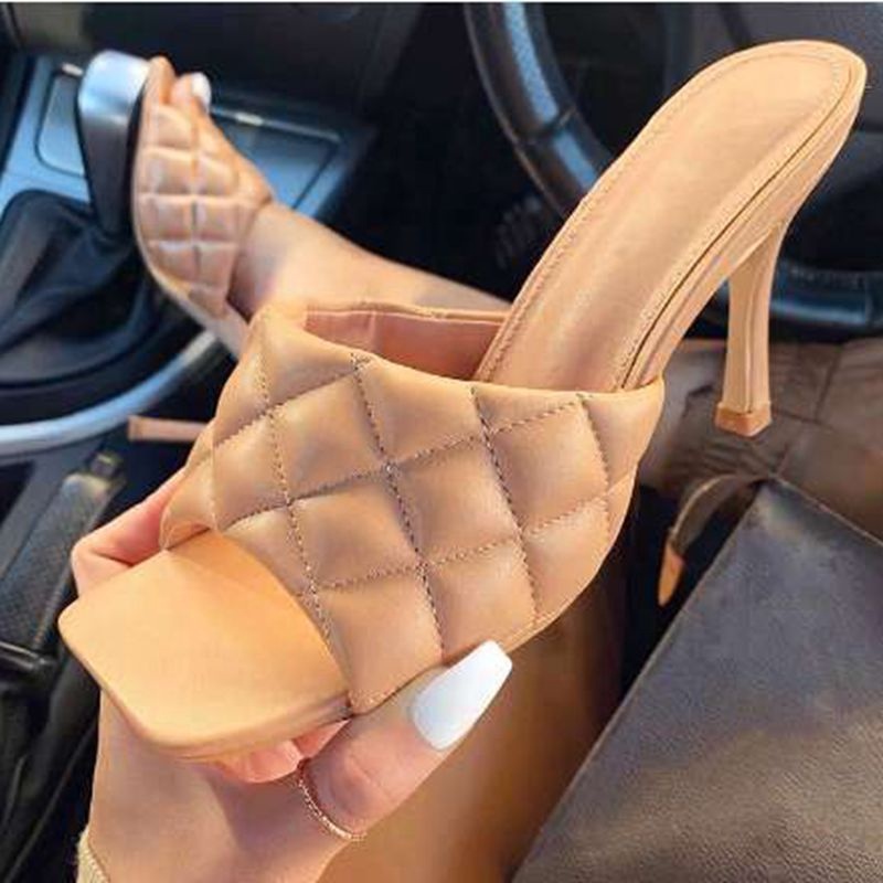 Leather Slides Weave Leisure High Heels Slippers Sandals