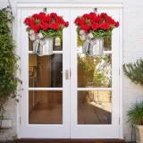 Red Geranium Cradle Wreath Burlap Bowknot Front Door Hanging Decor