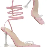 Leopard Tie-up Transparent Stiletto High Heel Sandals