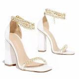 Bing Diamonds Metal Chain Ankle High Chunky Heels Square Toe Pumps Sandals