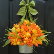 Tulip Bucket Galvanized Metal Front Door Wreath Ribbon Hanging Decor