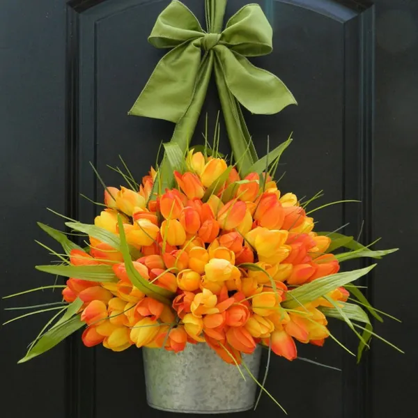 Tulip Bucket Galvanized Metal Front Door Wreath Ribbon Hanging Decor