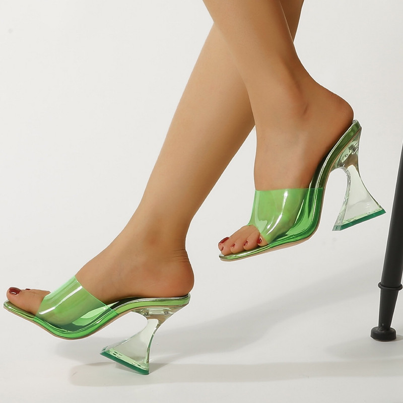 PVC Jelly Square Crystal Open Toed Transparent Heel Sandals