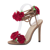 Women Red Rose Flowers Cross Lace Up High Heels Sandals