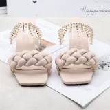 Women Pearls Jewelry Tassel Square Toe Chunky Heels Strap Slipper Sandals