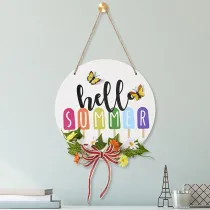 Hello Spring Wooden Doorplate Butterfly Flower Front Door Wall Hanging Decor