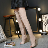 Hollow Out Lace Up Over The Knee Peep Round Toe Women Thigh High Boots