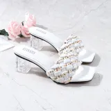 Weave Strap Square Toe Chunky Transparent Heels Slipper