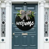 Welcome Slogan Wooden Doorplate Bowknot Flower Front Door Wall Hanging Decor