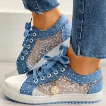 Mesh Pure Color Hollow Out Casual Flat Lace Up Canvas Shoes