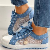 Mesh Pure Color Hollow Out Casual Flat Lace Up Canvas Shoes
