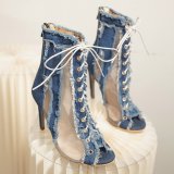 Fish Mouth Mesh Jeans Lace Up Stiletto High Heels Boots