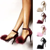 Fashion Feather Fur Buckle High Heels Sandals